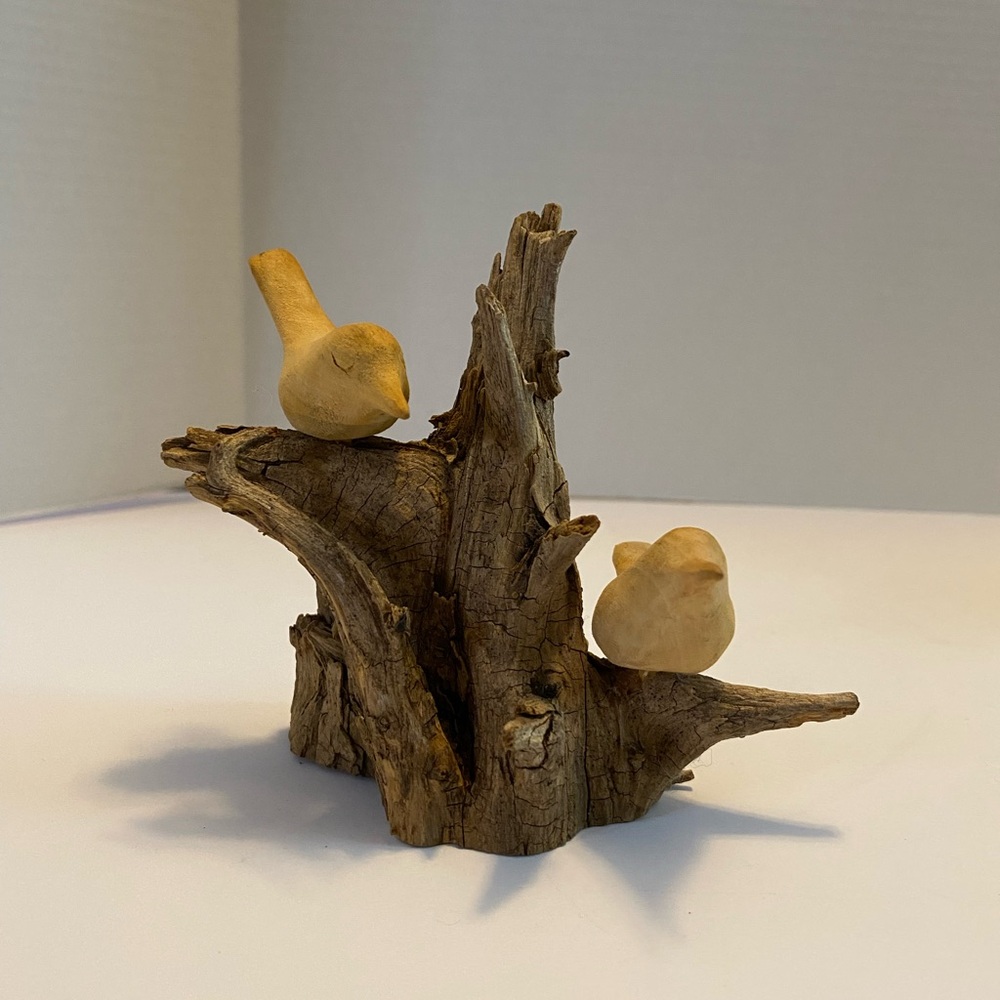 Unique Wood Sculpture Of Two Birds On Driftwood birds Are Wood Also.Handcrafted